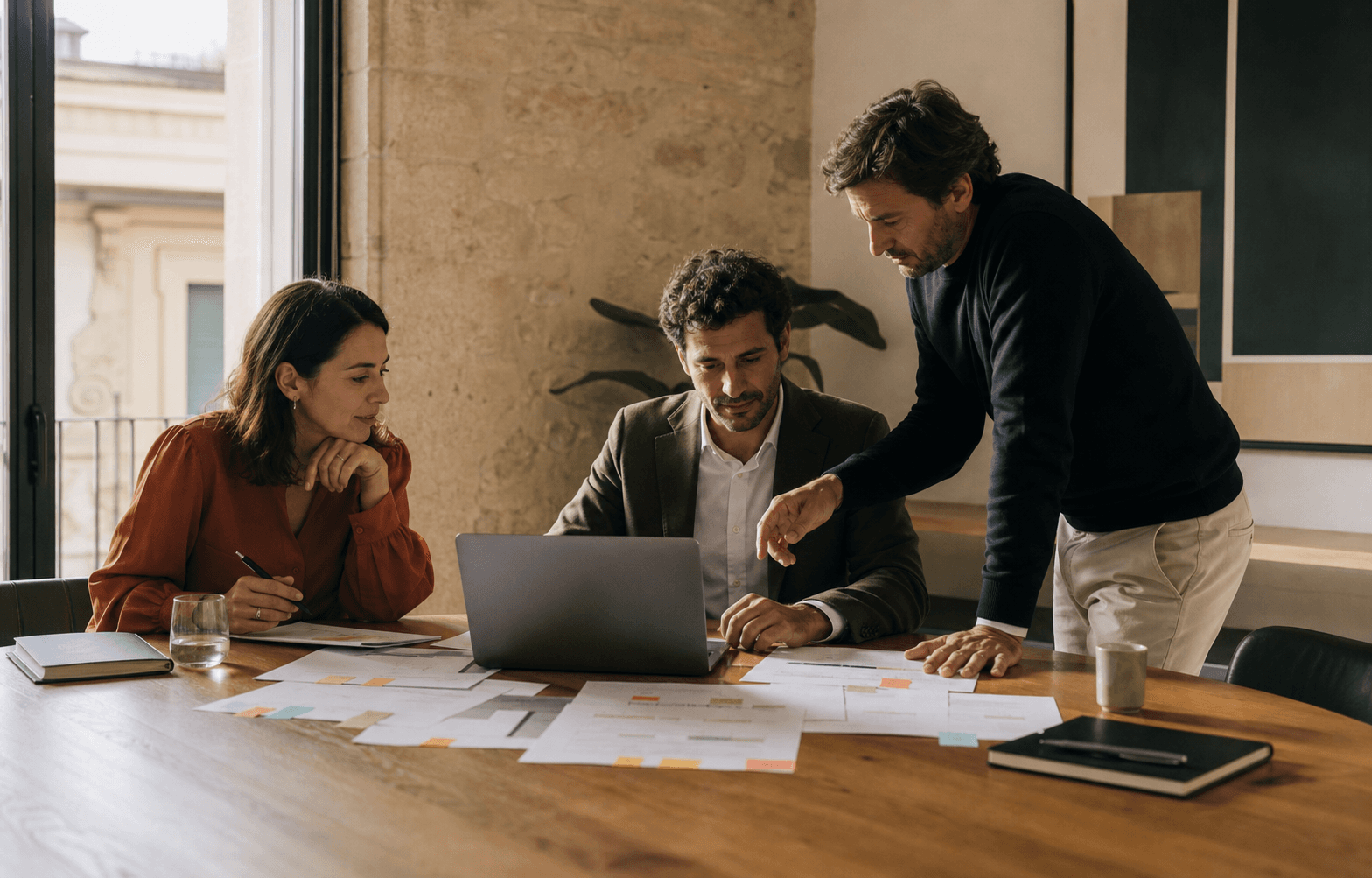Uma equipa analisa um fluxo de trabalho com inteligência artificial.